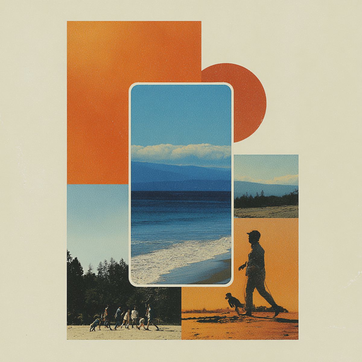 Sprout design work: a coastal collage with orange shapes and figures walking along a beach