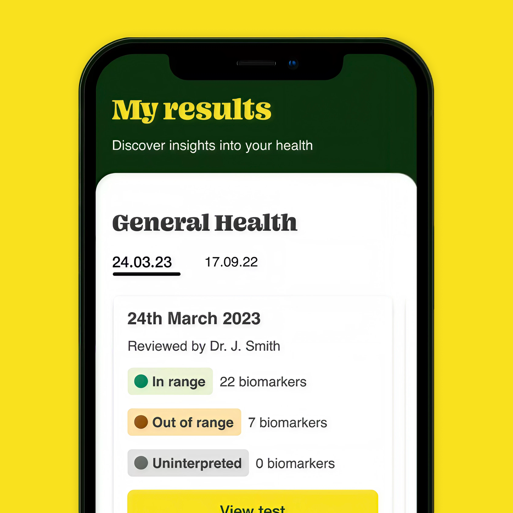 Ivie app showing health test results with biomarker status on a bright yellow background