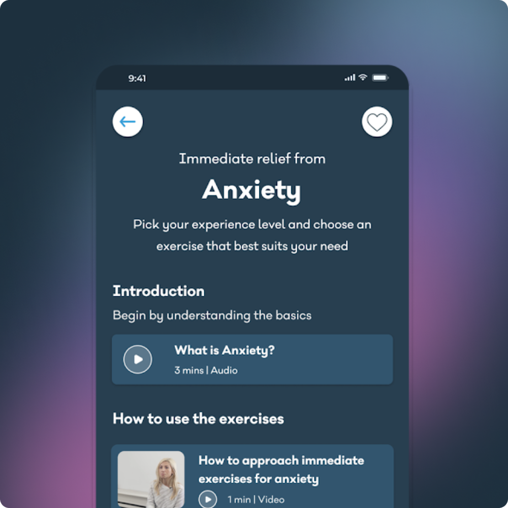 My Online Therapy app screen with immediate relief exercises for anxiety