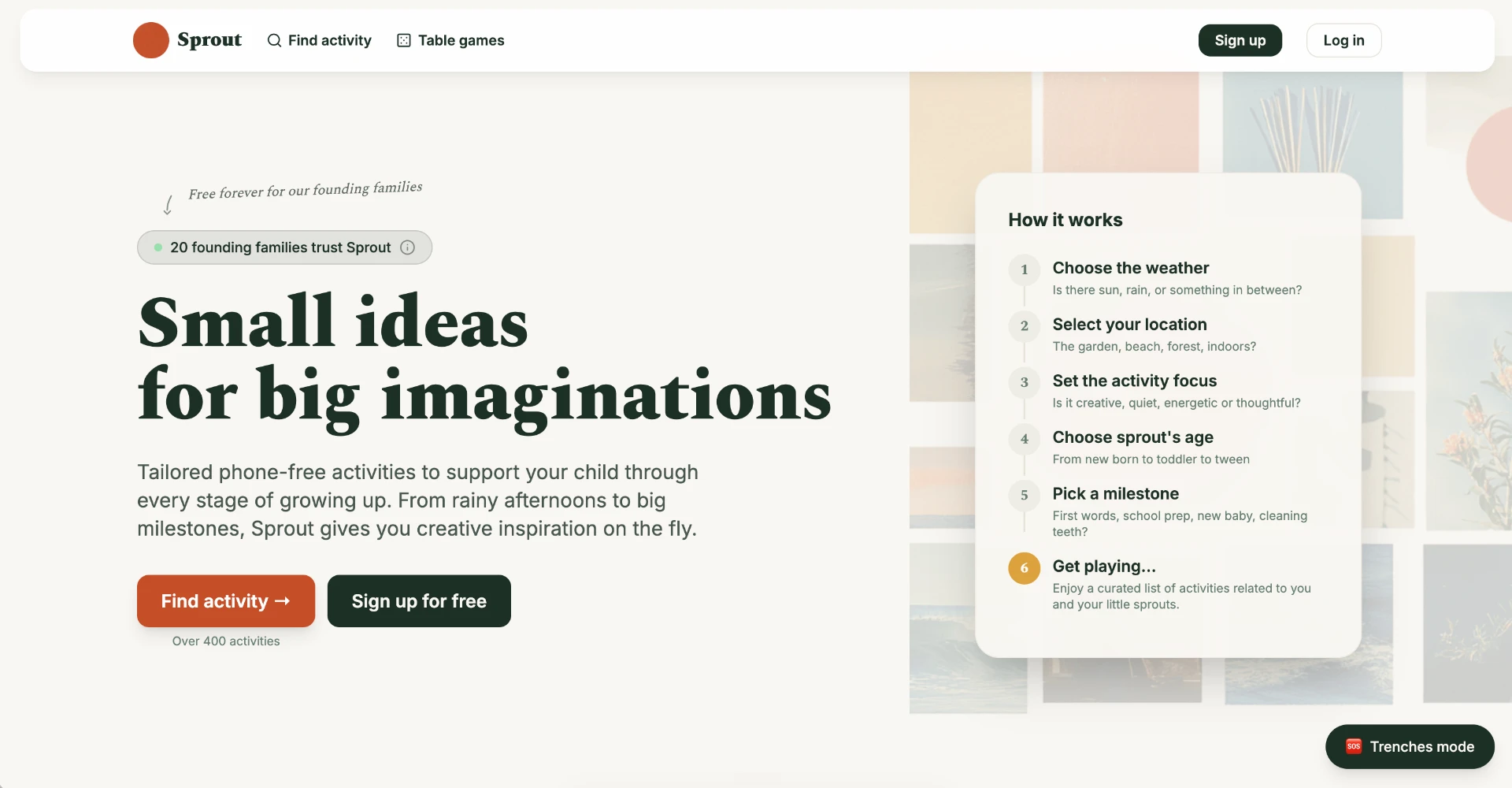 Sprout homepage showing tailored phone-free activities for children