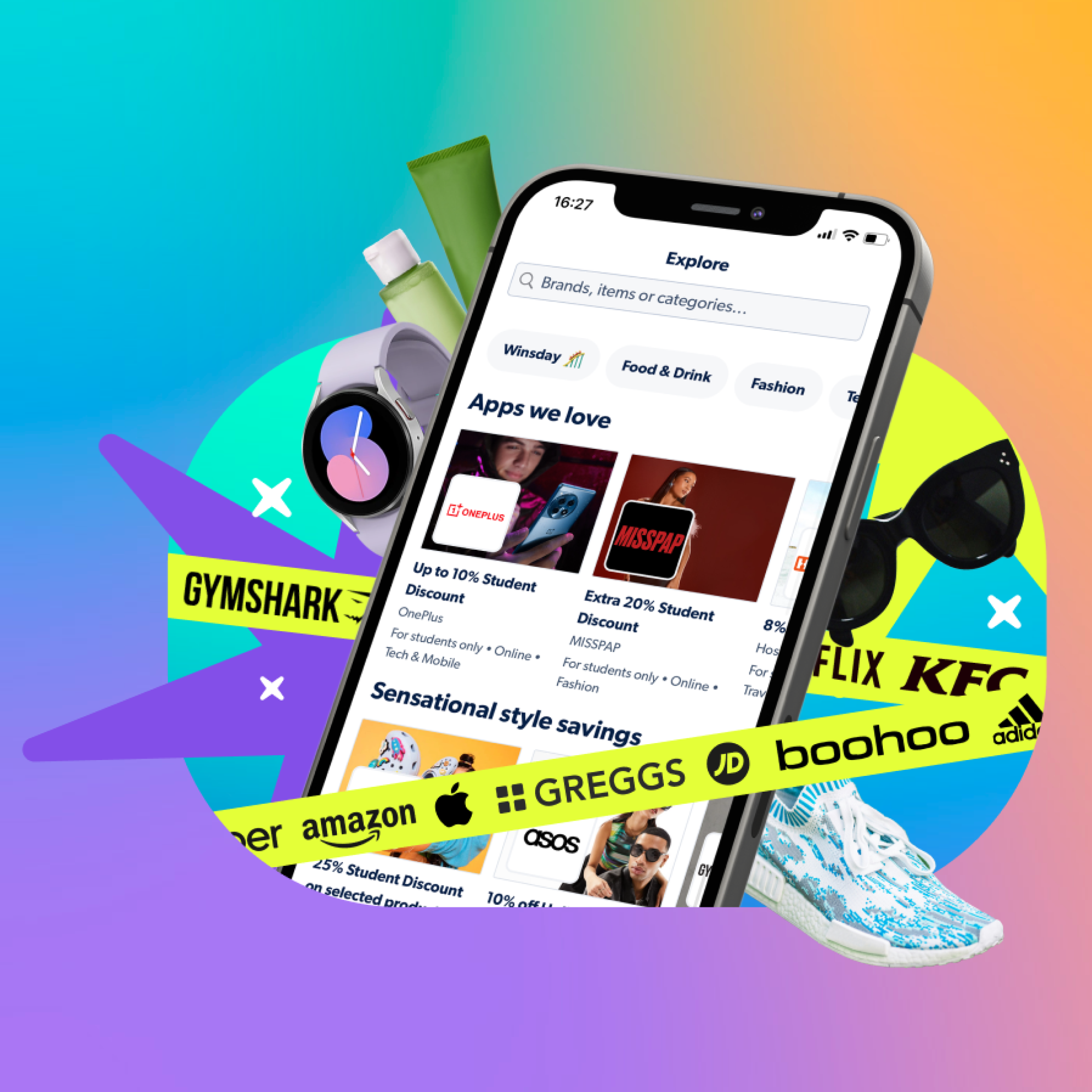 The Pion student discounts app surrounded by brand logos and products