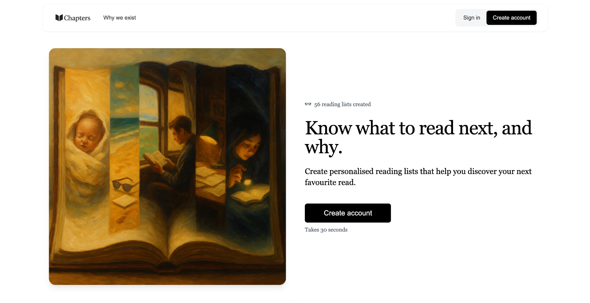 Chapters homepage showing an open book with reading life scenes