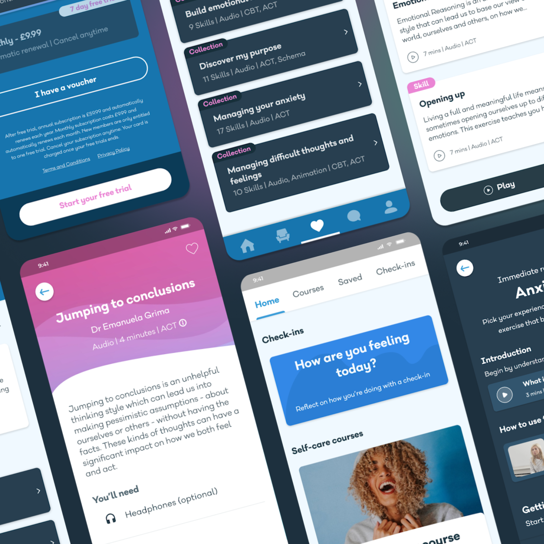 My Online Therapy app screens showing therapy skills, courses and check-ins